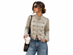 Γυναικείο Κοντό Denim Jacket σε  Military Στυλ με Όρθιο Γιακά, Διακοσμητικές Λωρίδες, Μεταλλικά Κουμπιά & Επωμίδες