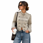 Γυναικείο Κοντό Denim Jacket σε  Military Στυλ με Όρθιο Γιακά, Διακοσμητικές Λωρίδες, Μεταλλικά Κουμπιά & Επωμίδες