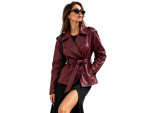 Γυναικείο  Leather-Look Trench Jacket με Γυαλιστερή Υφή, Σταυρωτό Κούμπωμα, Μεγάλο Πέτο, Ζώνη στη Μέση & Επωμίδες
