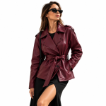 Γυναικείο  Leather-Look Trench Jacket με Γυαλιστερή Υφή, Σταυρωτό Κούμπωμα, Μεγάλο Πέτο, Ζώνη στη Μέση & Επωμίδες