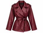 Γυναικείο  Leather-Look Trench Jacket με Γυαλιστερή Υφή, Σταυρωτό Κούμπωμα, Μεγάλο Πέτο, Ζώνη στη Μέση & Επωμίδες - Image 2