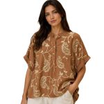 Γυναικεία Oversized Μπλούζα Καφέ με Μπεζ Paisley Μοτίβο
