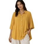 Γυναικείο Oversized Πουκάμισο Μουσταρδί με Κοντό Μανίκι