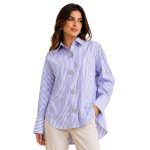 Γυναικείο Oversized Ριγέ Πουκάμισο Σιέλ–Λευκό με Διακοσμητικά Κουμπιά