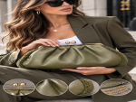 Γυναικείο Clutch Τσαντάκι σε Λαδί Απόχρωση με Ανάγλυφη Υφή, Χρυσό Kiss-Lock Κούμπωμα & Αποσπώμενα Λουράκια - Image 2