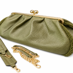 Γυναικείο Clutch Τσαντάκι σε Λαδί Απόχρωση με Ανάγλυφη Υφή, Χρυσό Kiss-Lock Κούμπωμα & Αποσπώμενα Λουράκια