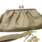 Γυναικείο Clutch Τσαντάκι σε Λαδί Απόχρωση με Ανάγλυφη Υφή, Χρυσό Kiss-Lock Κούμπωμα & Αποσπώμενα Λουράκια