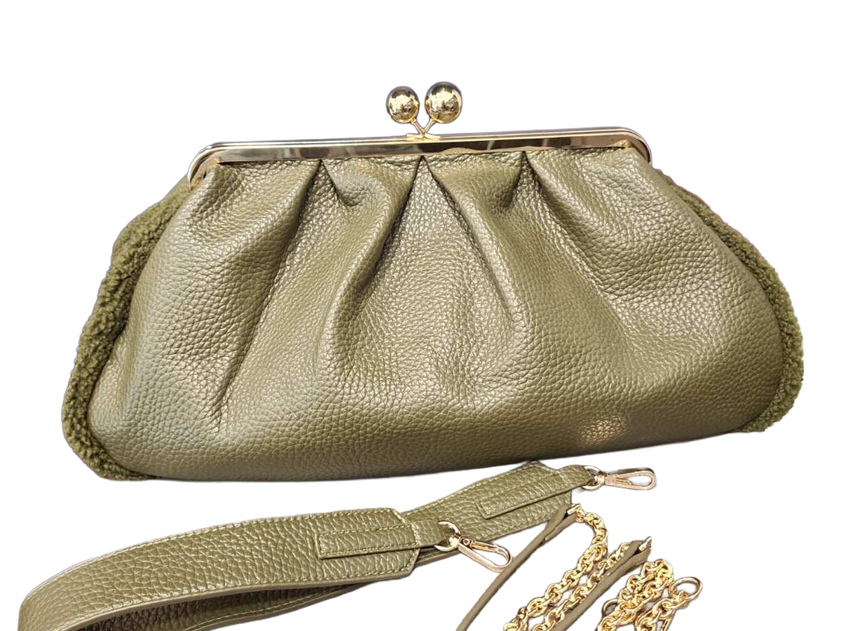 tsantaki xryso1 Γυναικείο Clutch Τσαντάκι σε Λαδί Απόχρωση με Ανάγλυφη Υφή, Χρυσό Kiss-Lock Κούμπωμα & Αποσπώμενα Λουράκια - Image 1