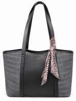 Μεγάλη Γυναικεία Tote Τσάντα David Jones Μαύρη–Γκρι με Croco Υφή & Διακοσμητικό Φουλάρι