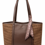 Μεγάλη Γυναικεία Τσάντα Ώμου Tote David Jones Δίχρωμη Καφέ με Croco Υφή & Διακοσμητικό Φουλάρι