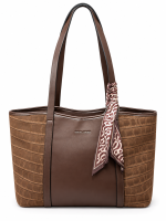 Μεγάλη Γυναικεία Τσάντα Ώμου Tote David Jones Δίχρωμη Καφέ με Croco Υφή & Διακοσμητικό Φουλάρι
